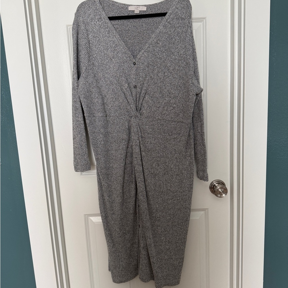 LOFT Gray Button-Front Midi Dress